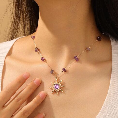 18K Gold Plated Necklace for Women Adjustable Link Gold Chain with Crystal Sun Pendant Necklace Summer Jewelry Purple & Green Stone Crystal Choker Healing Non Tarnish Birthday Gifts Trendy Jewelry in Saudi Arabia
