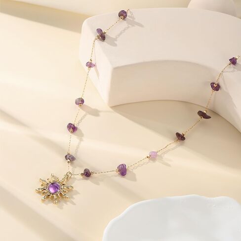 18K Gold Plated Necklace for Women Adjustable Link Gold Chain with Crystal Sun Pendant Necklace Summer Jewelry Purple & Green Stone Crystal Choker Healing Non Tarnish Birthday Gifts Trendy Jewelry in Saudi Arabia