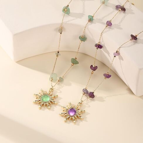 18K Gold Plated Necklace for Women Adjustable Link Gold Chain with Crystal Sun Pendant Necklace Summer Jewelry Purple & Green Stone Crystal Choker Healing Non Tarnish Birthday Gifts Trendy Jewelry in Saudi Arabia