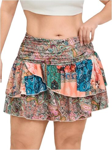 Makemechic Women's Plus Size Mini Mini Mini Paisley Print Shulk Tier A Line Boho Summer Torts in Saudi Arabia
