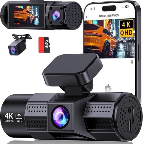 4K DAHS CAM الأمامية والخلفية ， 3 قناة داش كام WIFI 4K+1080P+1080P داش الكاميرا الأمامية والخلفية/الداخل ، كاميرا اندفاعة مع بطاقة 32 جيجابايت ، HDR ، G-SESOR ، مواقف السيارات على مدار 24 ساعة in Kuwait