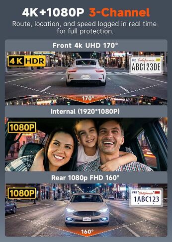 4K DAHS CAM الأمامية والخلفية ， 3 قناة داش كام WIFI 4K+1080P+1080P داش الكاميرا الأمامية والخلفية/الداخل ، كاميرا اندفاعة مع بطاقة 32 جيجابايت ، HDR ، G-SESOR ، مواقف السيارات على مدار 24 ساعة in Kuwait