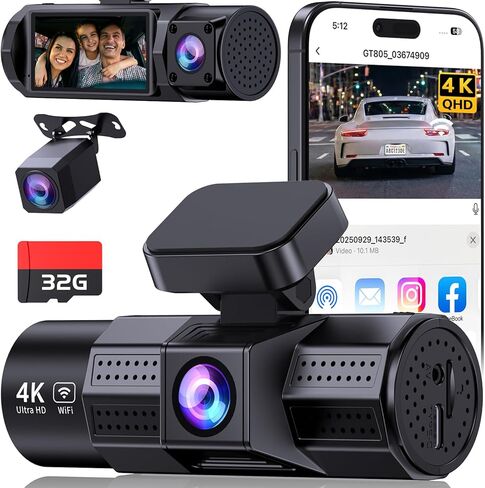 4K DAHS CAM الأمامية والخلفية ， 3 قناة داش كام WIFI 4K+1080P+1080P داش الكاميرا الأمامية والخلفية/الداخل ، كاميرا اندفاعة مع بطاقة 32 جيجابايت ، HDR ، G-SESOR ، مواقف السيارات على مدار 24 ساعة in Kuwait