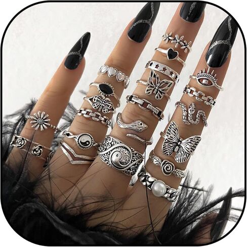 Chotsian Vintage Stackable Knuckle Rings Set Y2K Gothic Retro Stacking Ring Silver Tone Zinc Alloy Multi-Style Ring Set for Women Men Festival Gift Daily Wear in Saudi Arabia