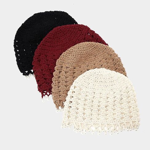Julpsk Women's Lightweight Handmade Crochet Hat Boho Pearl Trim Beanie Cap for Beach Travel in Saudi Arabia
