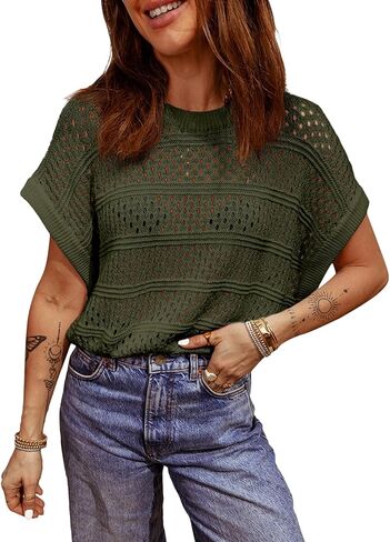 Sidefeel Womens Summer Sweaters Lightweight Casual Short Sleeve Crochet Hollow Out Knit Pullover Tops Clothing in Kuwait