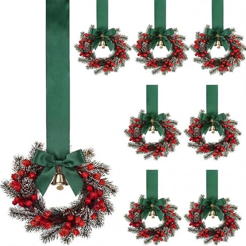 Janinka 8 Pcs Mini Christmas Wreath Small Cabinet Wreaths for Kitchen with Pine Berry Ribbon Bow Mini Christmas Farmhouse Decor for Holiday Xmas Party Porch Wall Window Door 7.87"(Golden Pine Style) in Kuwait