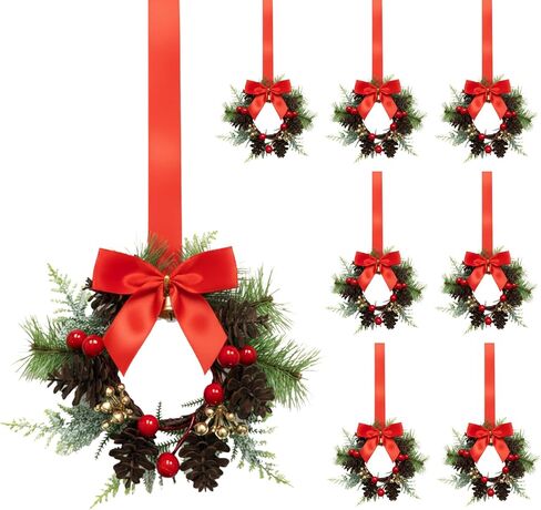 Janinka 8 Pcs Mini Christmas Wreath Small Cabinet Wreaths for Kitchen with Pine Berry Ribbon Bow Mini Christmas Farmhouse Decor for Holiday Xmas Party Porch Wall Window Door 7.87"(Golden Pine Style) in Kuwait