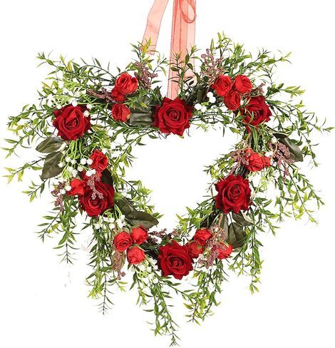 Flueyer Artificial Red Rose Wreath, Vintage Art Simulation Rose Flowers Wreath with Green Leaves Heart-Shaped Garland for Home Wedding Valentines Day Decoration in Saudi Arabia