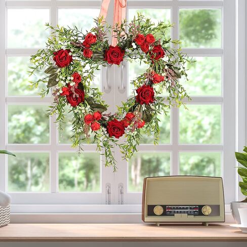 Flueyer Artificial Red Rose Wreath, Vintage Art Simulation Rose Flowers Wreath with Green Leaves Heart-Shaped Garland for Home Wedding Valentines Day Decoration in Saudi Arabia