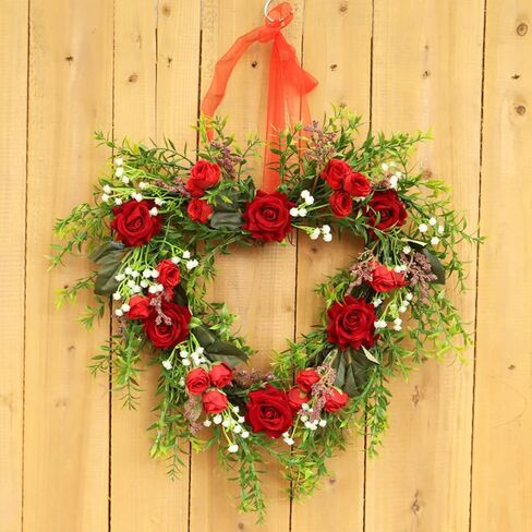 Flueyer Artificial Red Rose Wreath, Vintage Art Simulation Rose Flowers Wreath with Green Leaves Heart-Shaped Garland for Home Wedding Valentines Day Decoration in Saudi Arabia