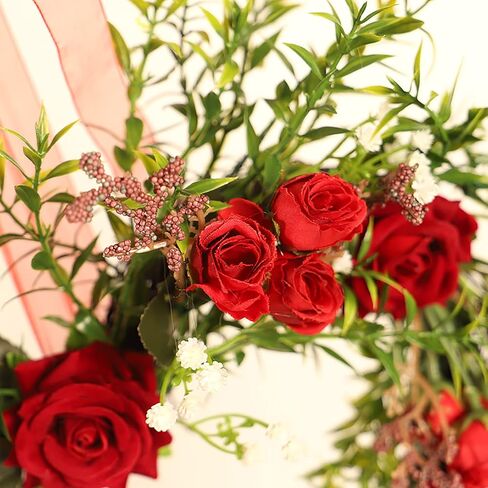 Flueyer Artificial Red Rose Wreath, Vintage Art Simulation Rose Flowers Wreath with Green Leaves Heart-Shaped Garland for Home Wedding Valentines Day Decoration in Saudi Arabia