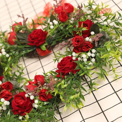 Flueyer Artificial Red Rose Wreath, Vintage Art Simulation Rose Flowers Wreath with Green Leaves Heart-Shaped Garland for Home Wedding Valentines Day Decoration in Saudi Arabia