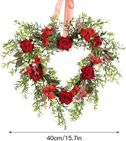 Flueyer Artificial Red Rose Wreath, Vintage Art Simulation Rose Flowers Wreath with Green Leaves Heart-Shaped Garland for Home Wedding Valentines Day Decoration in Saudi Arabia