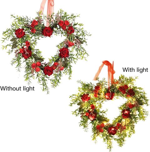 Flueyer Artificial Red Rose Wreath, Vintage Art Simulation Rose Flowers Wreath with Green Leaves Heart-Shaped Garland for Home Wedding Valentines Day Decoration in Saudi Arabia