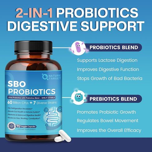 NATURE TARGET Probiotics for Women & Men, 60 Billion CFU, Prebiotics and Probiotic for Gut Health - SBO Probiotics Supports Digestive, Constipation, Diarrhea, Gas & Bloating, 90 Veggie Capsules in Saudi Arabia