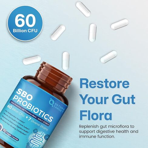 NATURE TARGET Probiotics for Women & Men, 60 Billion CFU, Prebiotics and Probiotic for Gut Health - SBO Probiotics Supports Digestive, Constipation, Diarrhea, Gas & Bloating, 90 Veggie Capsules in Saudi Arabia