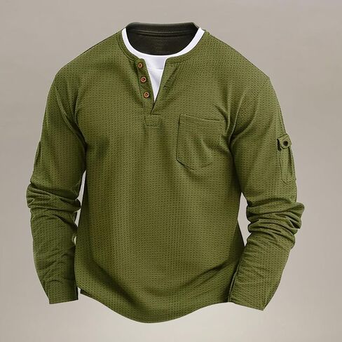 Mens Long Sleeve Waffle Knit Shirt V Neck Button Top Fake Two Piece Design Casual Tee in Saudi Arabia