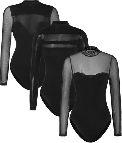 WDIRARA Women's 3 Pack Contrast Mesh Top Mock Neck Long Sleeve Casual Bodysuit Shirt in Saudi Arabia