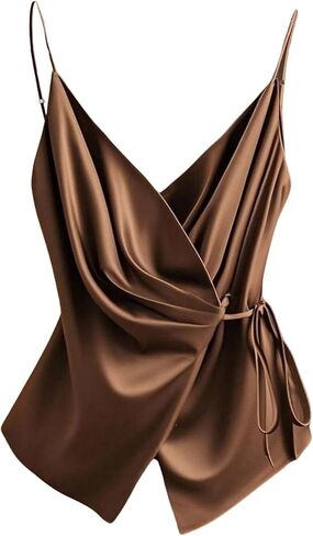 SOLY HUX Women's Sleeveless Satin Camisole Wrap V Neck Tie Side Summer Elegant Cami Tops in Saudi Arabia
