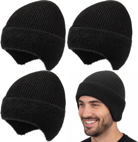 Chicingyou 4 Pack Winter Earflap Hats for Men Women Warm Thick Knitted Black Beanie Hats Stocking Caps for Outdoor Cold Weather in Saudi Arabia