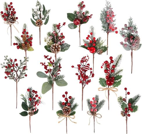 LOMIMOS 16Pack Artificial Christmas Red Berry Picks Assorted,Thick Pine Picks Fake Holly Bough Stems with Pinecones Needles Branches Fake Berries for Xmas Tree Decoration Crafts Wreath Garland Décor in Saudi Arabia