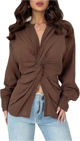SOLY HUX Women's Twist Front Blouse V Neck Long Sleeve Tie Back Split Casual Shirts Tops in Saudi Arabia