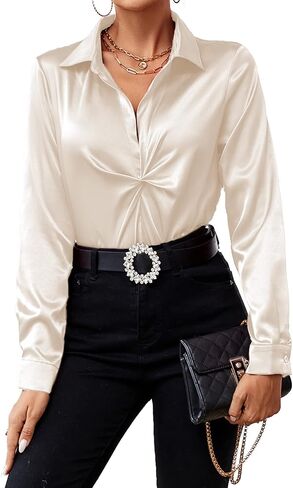 Vrtige Women's Satin Silk Collar V Neck Twist Front Long Sleeve Blouse Top Shirt in Saudi Arabia