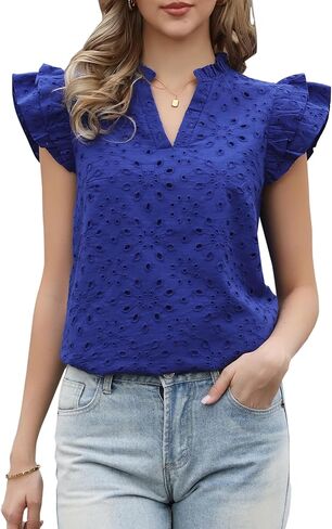 Allegra K Summer Eyelet Top for Women's Dressy Casual Split Neck Ruffle Cap Sleeve Lace Hollow Out Embroidered Blouses in Saudi Arabia