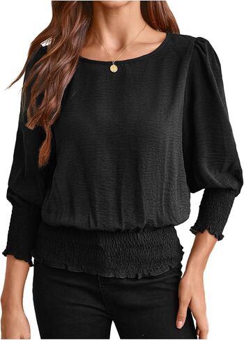 SweatyRocks Women's Lantern Long Sleeve Shirred Trim Round Neck Smocked Blouse Crop Tops in Saudi Arabia