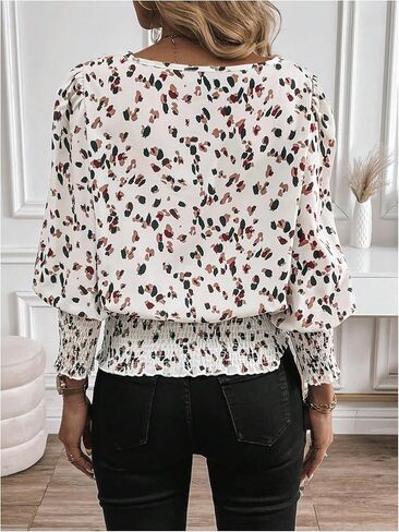 SweatyRocks Women's Lantern Long Sleeve Shirred Trim Round Neck Smocked Blouse Crop Tops in Saudi Arabia
