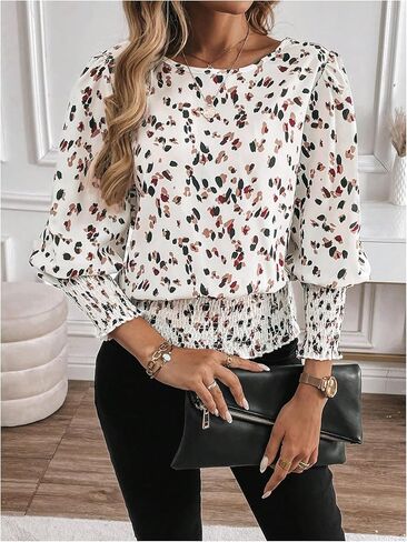 SweatyRocks Women's Lantern Long Sleeve Shirred Trim Round Neck Smocked Blouse Crop Tops in Saudi Arabia