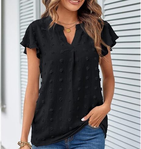 Women's V Neck Ruffle Short Sleeve Shirt Swiss Dot Blouse Soft Stretch S-XXL in Saudi Arabia