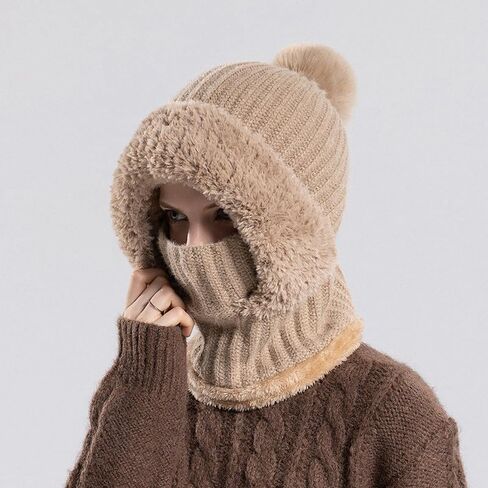 3-in-1 Fleece Lined Knit Beanie with Balaclava & Scarf – Warm Winter Hat for Women, Pom Pom Cold Weather Set in Saudi Arabia