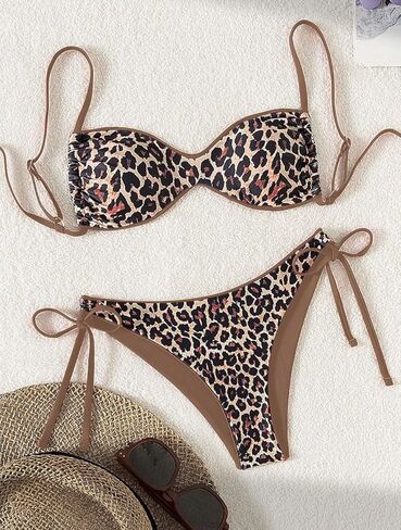 Leopard Print Tie Side Bikini Set, Sexy Halter Two Piece Swimsuit, Women's Summer Beachwear Bathing Suit in Saudi Arabia