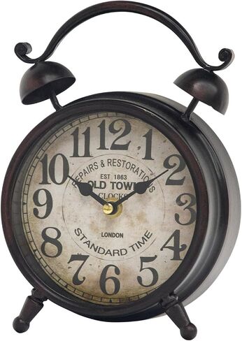 UPPER DECOR Vintage Dark Brown Desk Clock, Decorative Table Clock with Bell Top, Silent Non-Ticking Mantel Clock for Living Room or Bedroom, Wood Dial, Battery Operated in Kuwait