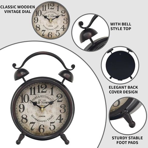 ساعة مكتب باللون البني الداكن من UPPER DECOR، ساعة طاولة مزخرفة مع جرس علوي، ساعة رف صامتة غير موقوتة لغرفة المعيشة أو غرفة النوم، قرص خشبي، تعمل بالبطارية in Kuwait