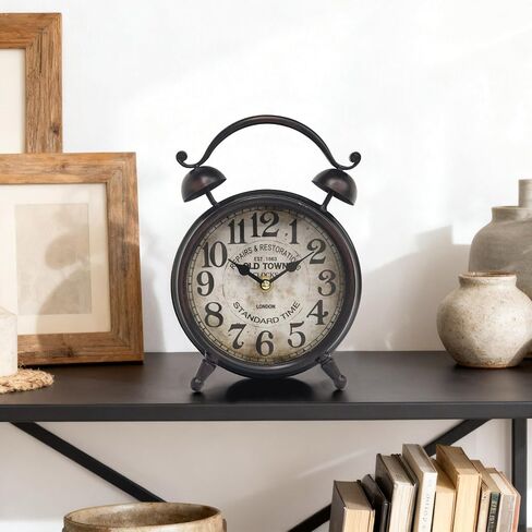 ساعة مكتب باللون البني الداكن من UPPER DECOR، ساعة طاولة مزخرفة مع جرس علوي، ساعة رف صامتة غير موقوتة لغرفة المعيشة أو غرفة النوم، قرص خشبي، تعمل بالبطارية in Kuwait
