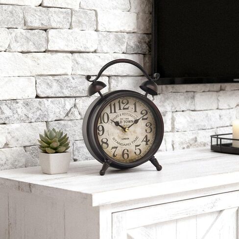 ساعة مكتب باللون البني الداكن من UPPER DECOR، ساعة طاولة مزخرفة مع جرس علوي، ساعة رف صامتة غير موقوتة لغرفة المعيشة أو غرفة النوم، قرص خشبي، تعمل بالبطارية in Kuwait
