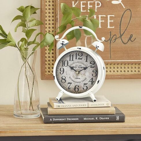 ساعة مكتب باللون البني الداكن من UPPER DECOR، ساعة طاولة مزخرفة مع جرس علوي، ساعة رف صامتة غير موقوتة لغرفة المعيشة أو غرفة النوم، قرص خشبي، تعمل بالبطارية in Kuwait