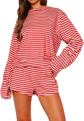 Meihuida Women Striped Pajama Set Y2k Lounge Outfit Long Sleeve Top with Matching Shorts 2 Piece Pjs in Saudi Arabia