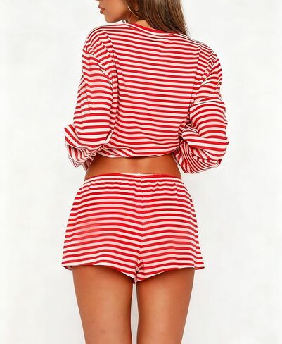 Meihuida Women Striped Pajama Set Y2k Lounge Outfit Long Sleeve Top with Matching Shorts 2 Piece Pjs in Saudi Arabia