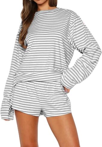 Meihuida Women Striped Pajama Set Y2k Lounge Outfit Long Sleeve Top with Matching Shorts 2 Piece Pjs in Saudi Arabia