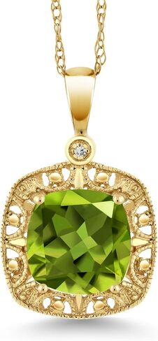 Gem Stone King 10K Yellow Gold Cushion Green Peridot and Diamond Accent Pendant Necklace For Women (2.45 Cttw, 8MM Center) in Saudi Arabia