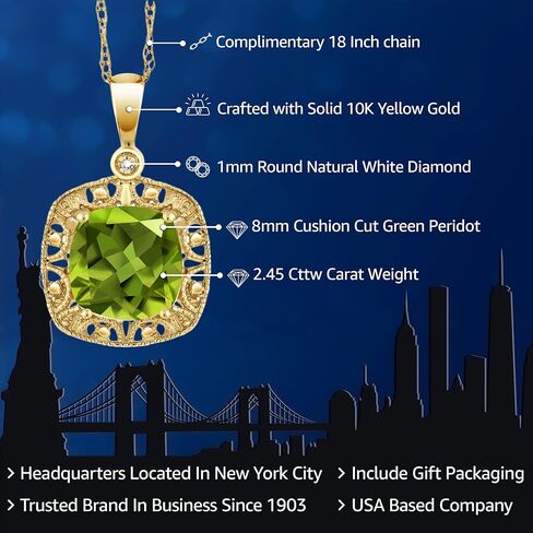 Gem Stone King 10K Yellow Gold Cushion Green Peridot and Diamond Accent Pendant Necklace For Women (2.45 Cttw, 8MM Center) in Saudi Arabia