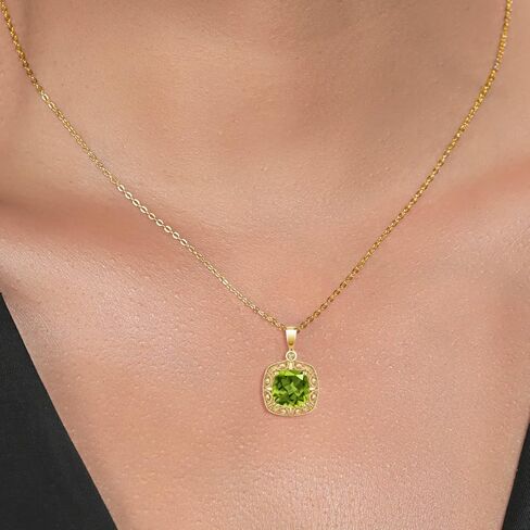 Gem Stone King 10K Yellow Gold Cushion Green Peridot and Diamond Accent Pendant Necklace For Women (2.45 Cttw, 8MM Center) in Saudi Arabia