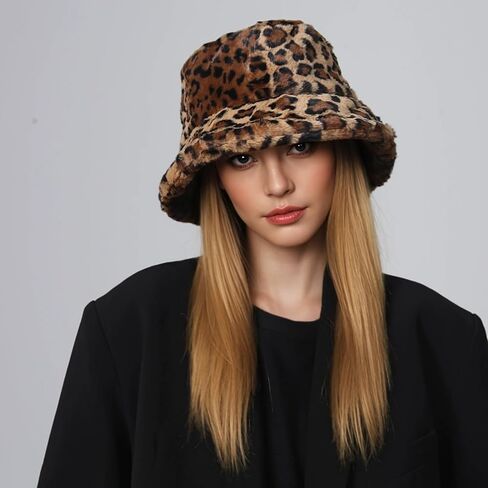 Leopard Print Bucket Hats for Women Men Winter Plush Fuzzy Bucket Hat Faux Fur Cheetah Pattern Fisherman Cap Warm Thick Caps in Saudi Arabia