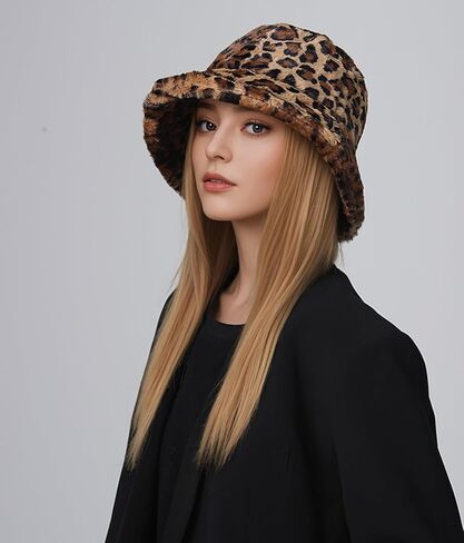 Leopard Print Bucket Hats for Women Men Winter Plush Fuzzy Bucket Hat Faux Fur Cheetah Pattern Fisherman Cap Warm Thick Caps in Saudi Arabia