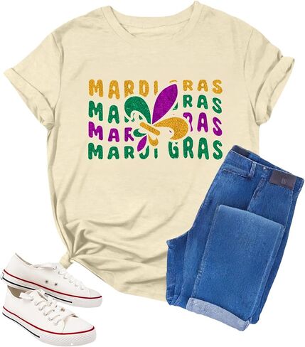Mardi Gras Shirts for Women Carnival Tshirts Fat Tuesday Shirt New Orleans Outfits Tuesday Party Short Sleeve in Kuwait