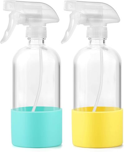 Glass Spray Bottles (2-Pack) with Silicone Sleeve - 16oz Empty Refillable Bottles - Adjustable Nozzle for Hair, Plants, Cleaning & DIY Solutions - Mint Green & Grey in Saudi Arabia